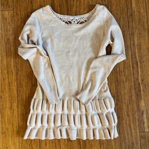 Sioni Cream Knit Sweater with Ruffle Hem and crochet back gorgeous size medium w